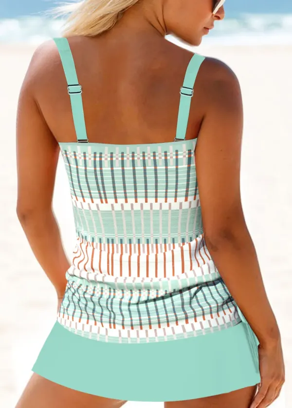 Light Green Mid Waisted Geometric Print Tankini Set