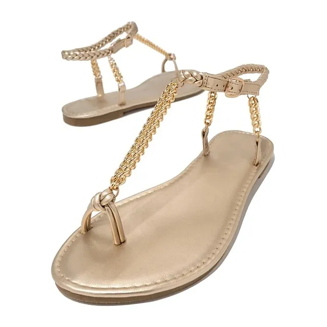Women's Sandals Boho Bohemia Beach Barefoot Sandals Braided Sandals Beach Summer Flat Heel Open Toe Casual Faux Leather T-Strap Ankle Strap Solid Colored Black White Champagne