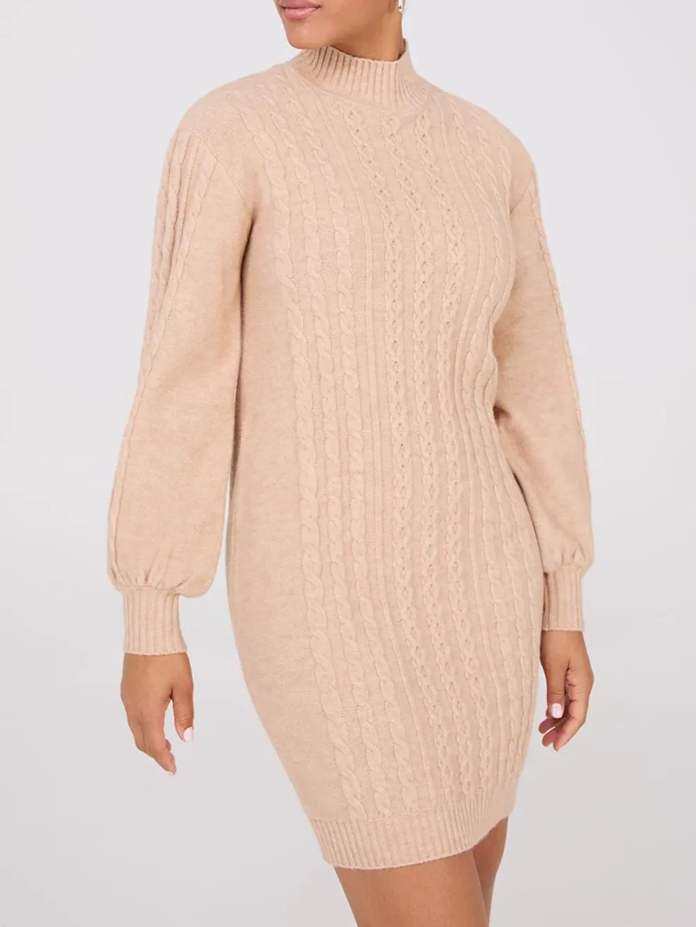 Cable Knit Mock Neck Sweater Dress