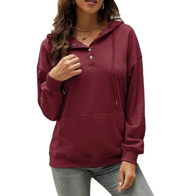Hoodie Women's Wine Red Black Pink Solid Colored Button Pocket Street Daily Daily Basic Hooded S