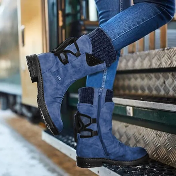 Women's Boots Snow Boots Sweater Boots Plus Size Outdoor Daily Mid Calf Boots Winter Lace-up Flat Heel Round Toe Casual Faux Leather Zipper Black Red Blue