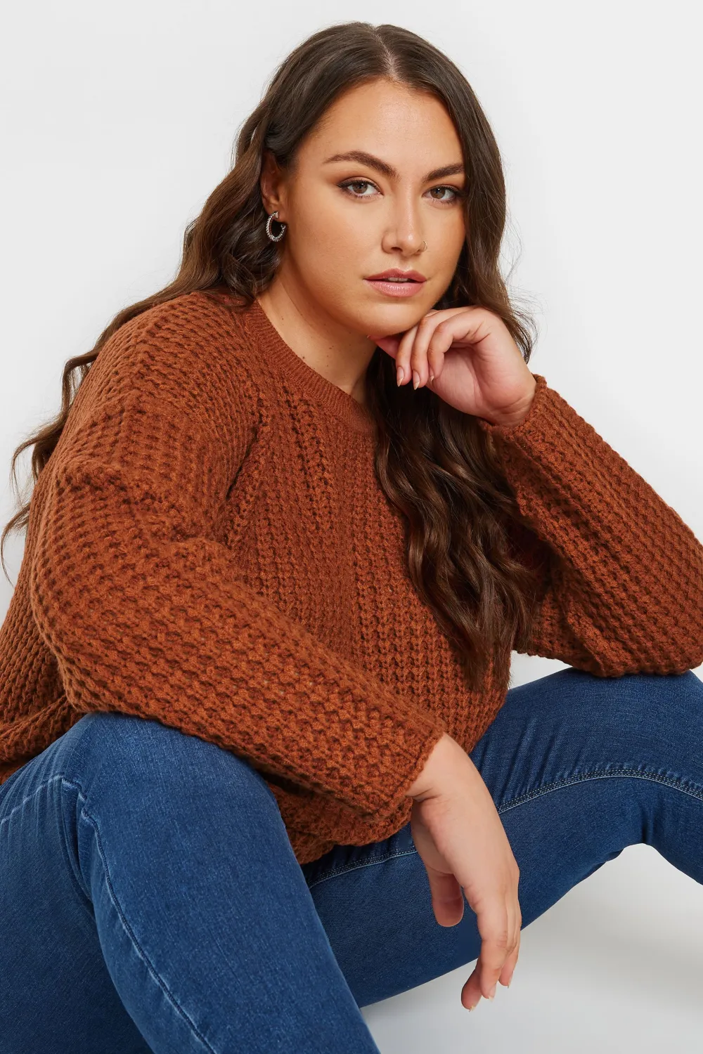 YOURS Curve Stone Brown Waffle Knit Jumper