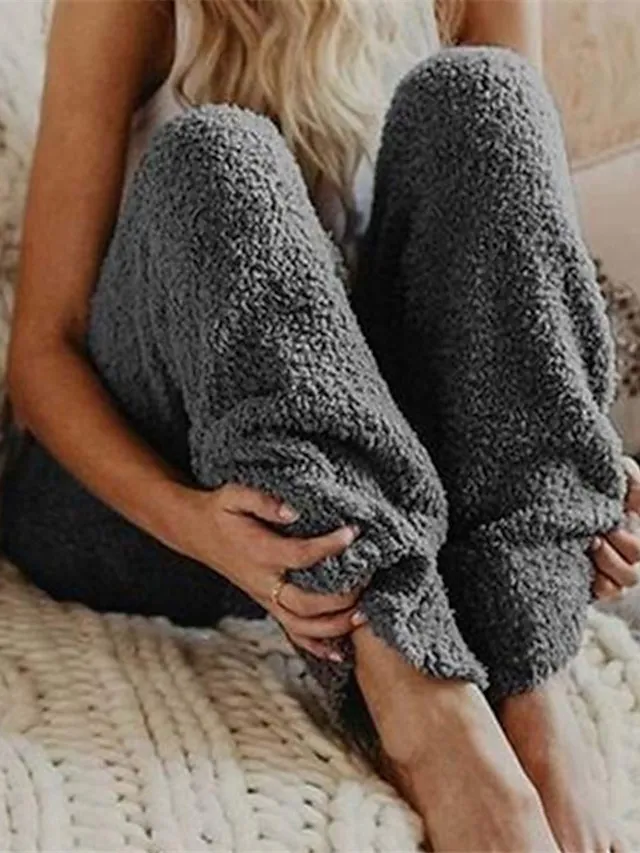 Women's Plush Lounge Fluffy Pajama Fuzzy Warm Winter Pants Nighty Pjs Pure Color Comfort Home Bed Polyester Long Pant Elastic Waist Winter Fall Pink Dark Gray / Fleece