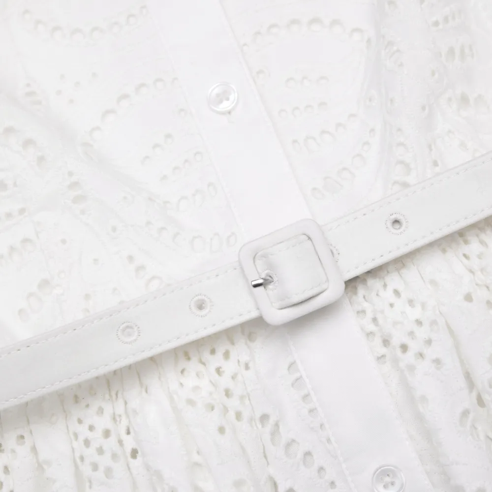 White Cotton Embroidery Midi Dress