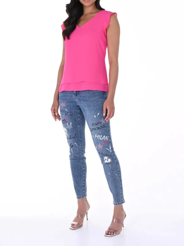 Embroidered Love Motif Blue Denim Jeans