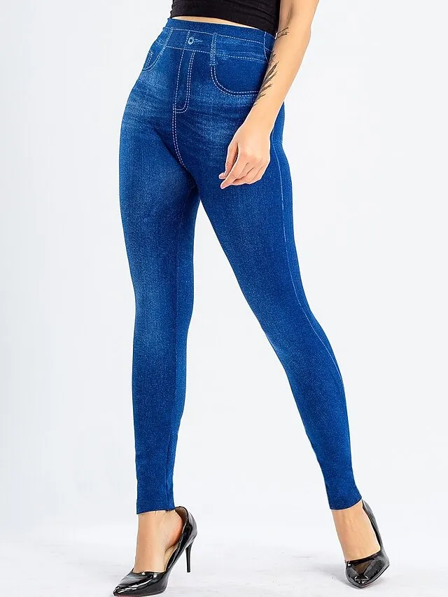 Women's Leggings Faux Denim Ankle-Length Stretchy High Waist Fashion Casual Weekend Black Blue S M
