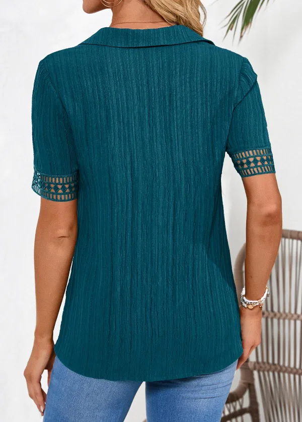Peacock Blue Lace Short Sleeve Shirt Collar Blouse