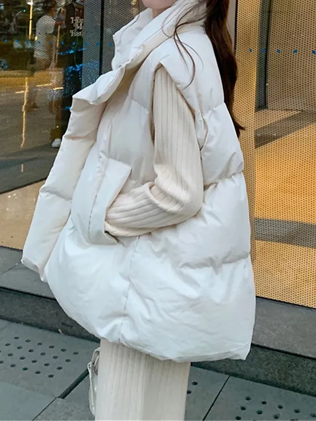 Women's Puffer Vest Long Sleeveless Parka Warm Heated Quilted Gilet Winter Coat Zipper Stand Collar Jacket with Pocket Outerwear Black White S M L XL