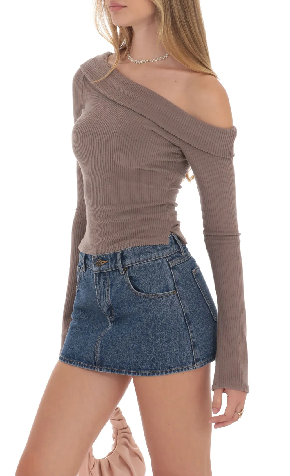 Ribbed Off Shoulder Top in Taupe