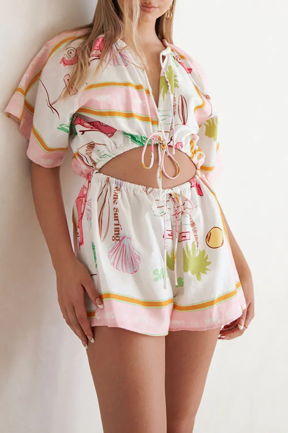 Floral Print Short Sleeve Tie Waist Romper