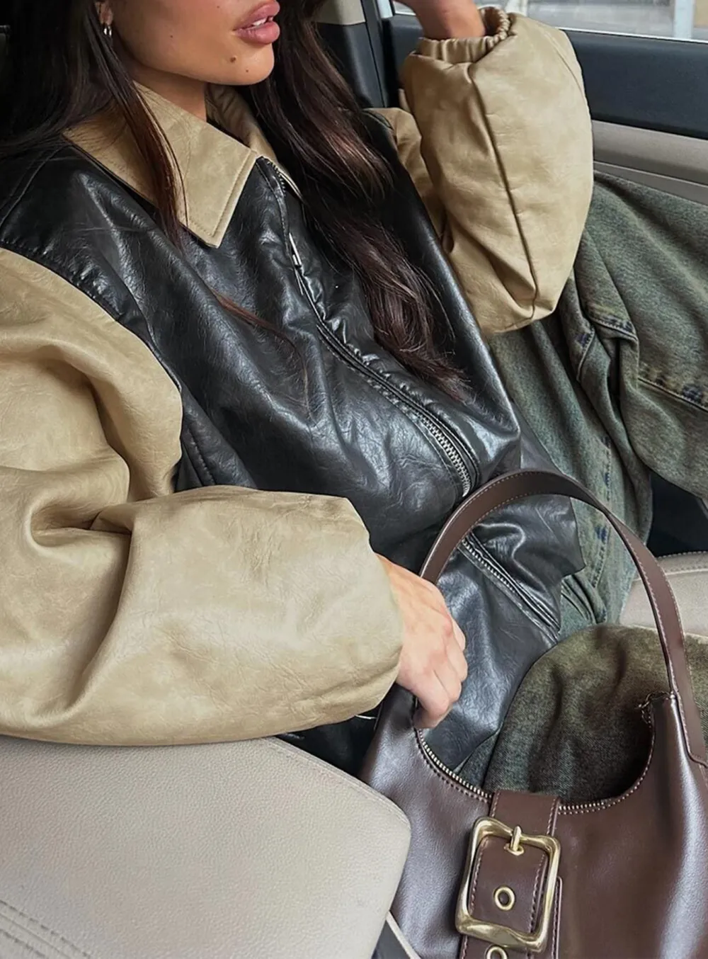 Two Tone Faux Leather Collared Jacket