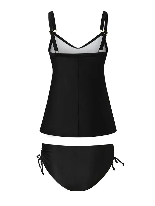 Simple Plain Printing Scoop Neck Tankinis Two-Piece Set