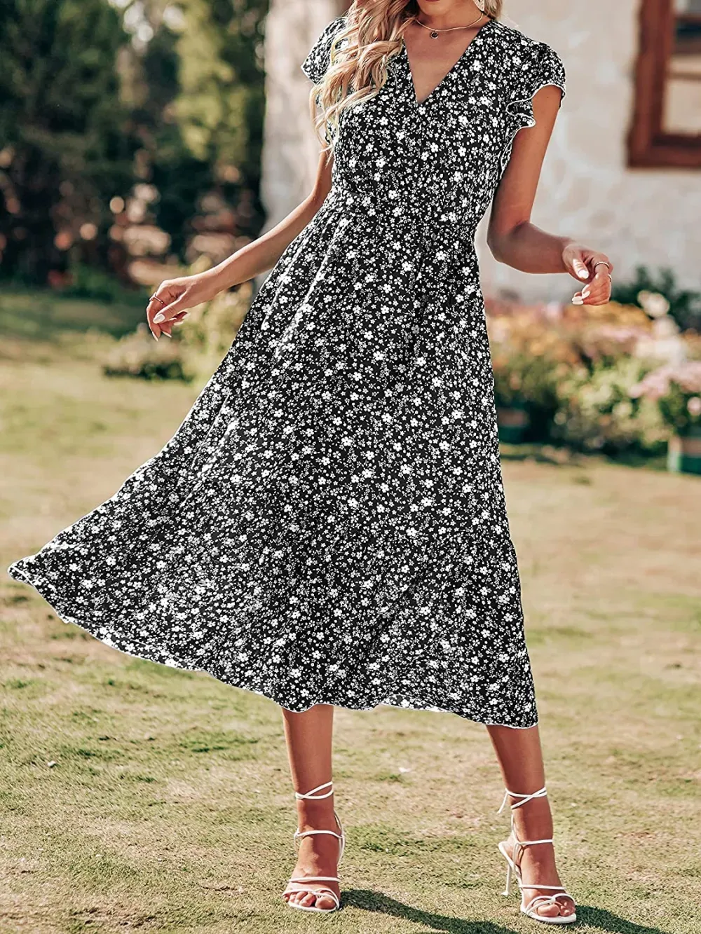 Women Summer Bohemian Floral Casual Wrap V Neck Ruffle Cap Sleeveless Belt A-Line Pleated Hem Swing Midi Sun Dress