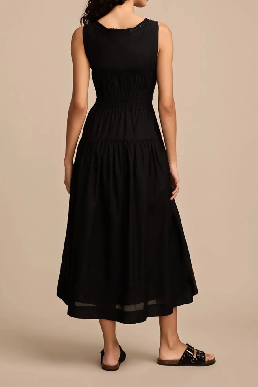 Poplin Lace Trimmed Smocked Midi Dress