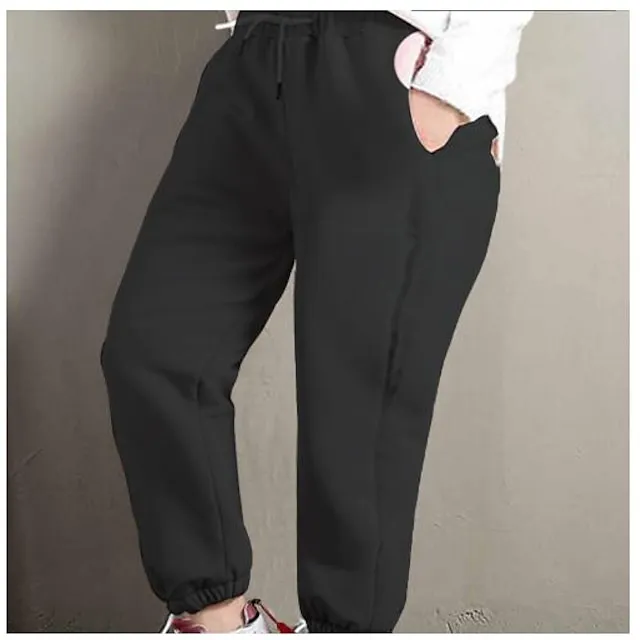 Women's Fleece Lined Sweatpants Joggers Black Pink Light Grey Solid Color Drawstring Daily Basic S Fall Winter