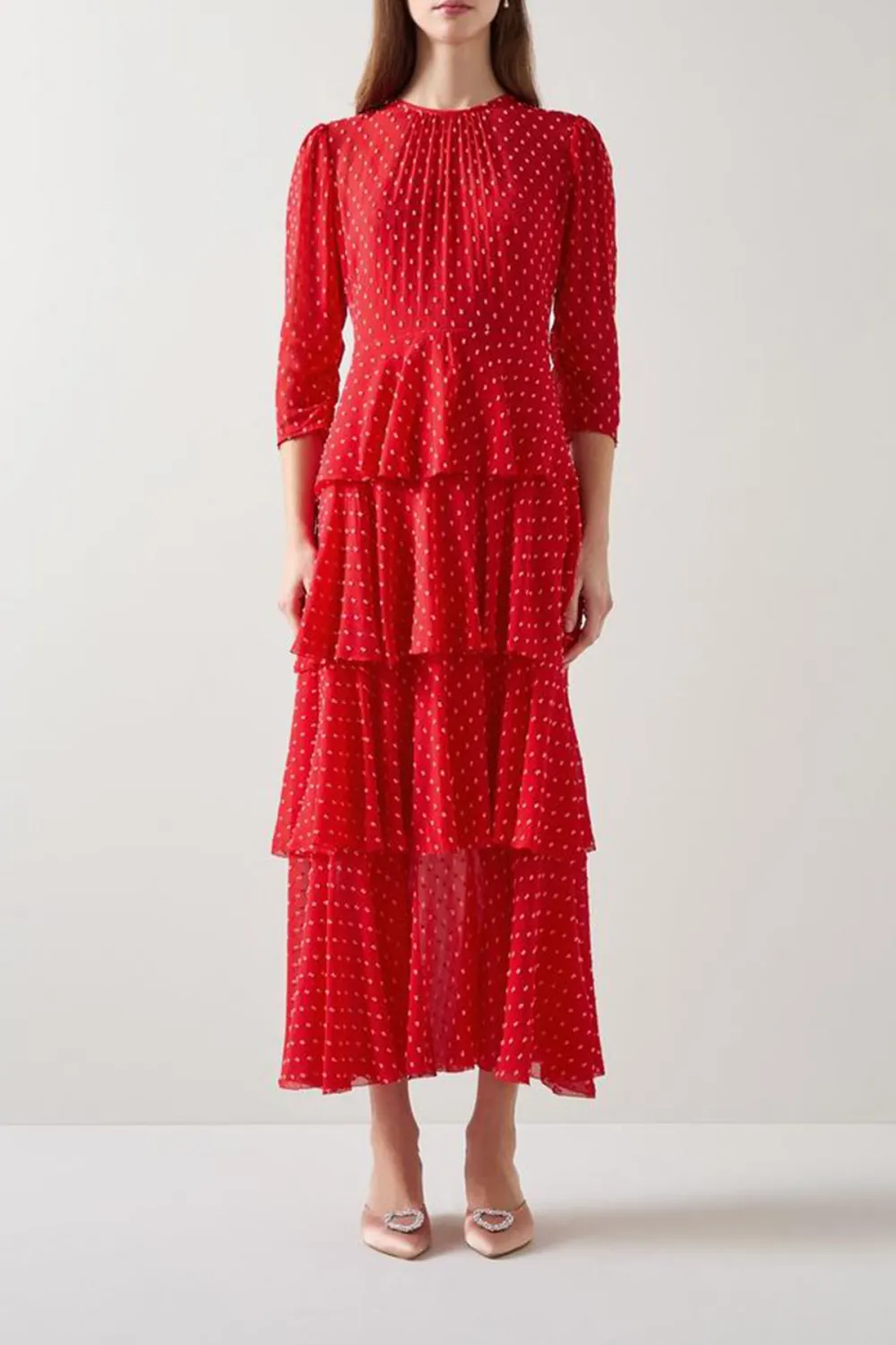 Red Polka Dot Tiered Midi Dress