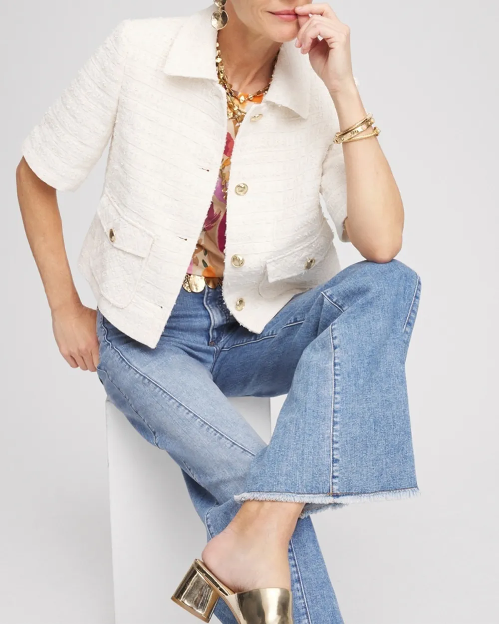 Beige Tweed Short Sleeve Jacket