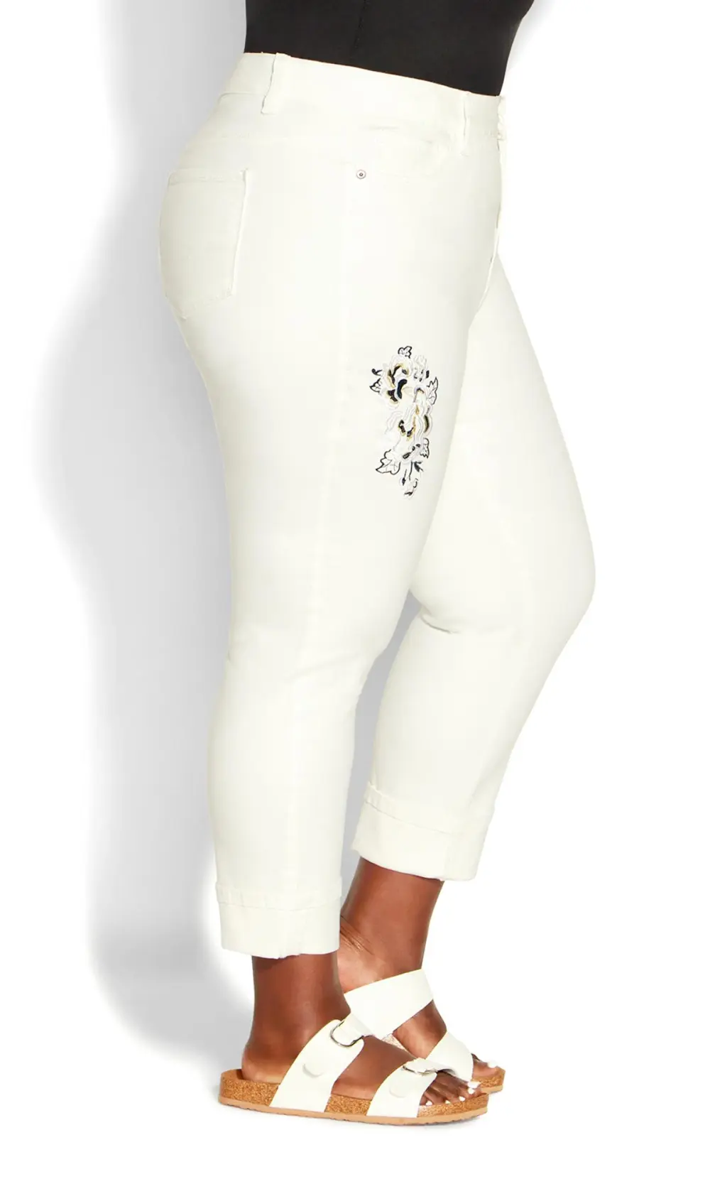 Evans White Embroidered Turn Up Denim Crop