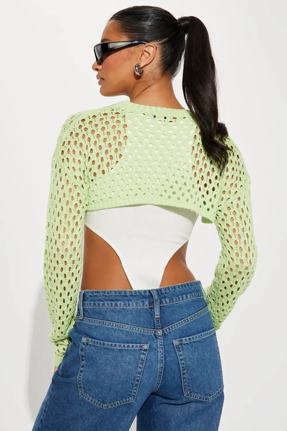 Got It My Way Cropped Crochet Sweater - Green