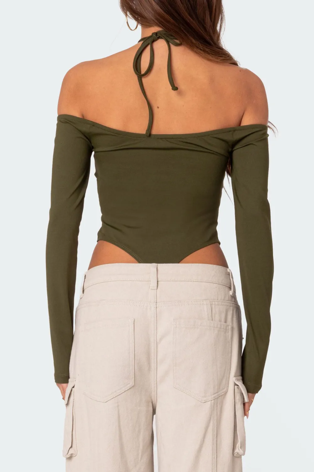 Cross-over Halter Hollow Long Sleeve Bodysuit