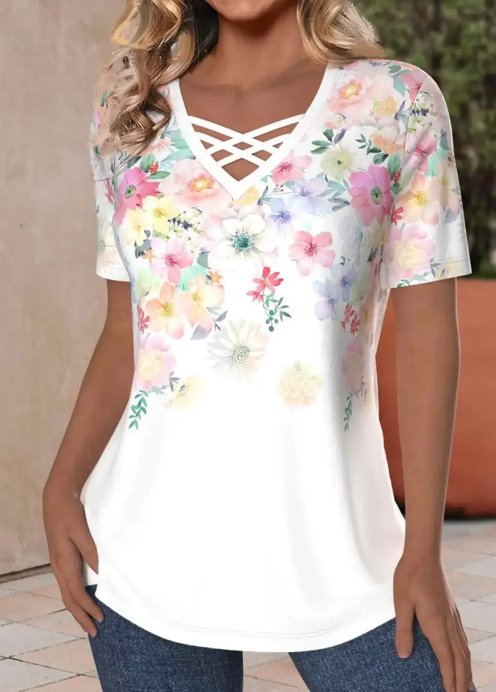 White Criss Cross Floral Print Short Sleeve T Shirt