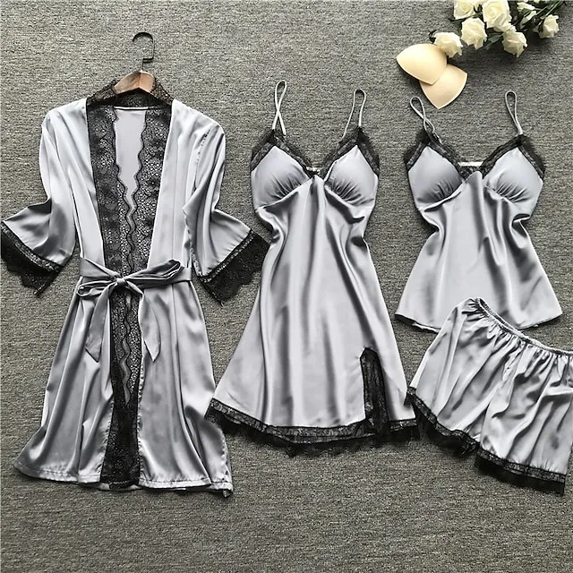 Women's Lace Satin Silk Pajamas Sets 4 Pcs Home Party Daily St.Patrick's Day Elastic Waist Pure Color Satin Simple Casual Soft Strap Top Shorts Fall Winter Spring Strap Short Sleeves Long Sleeve