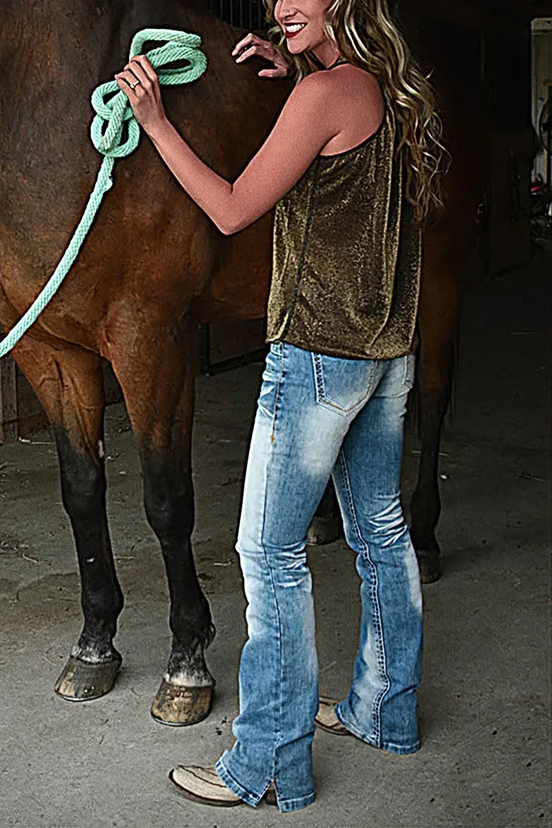 Washed Split Hem Mid Rise Bootcut Jeans