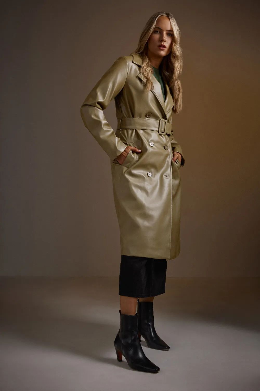 LTS Tall Olive Green Faux Leather Trench Coat