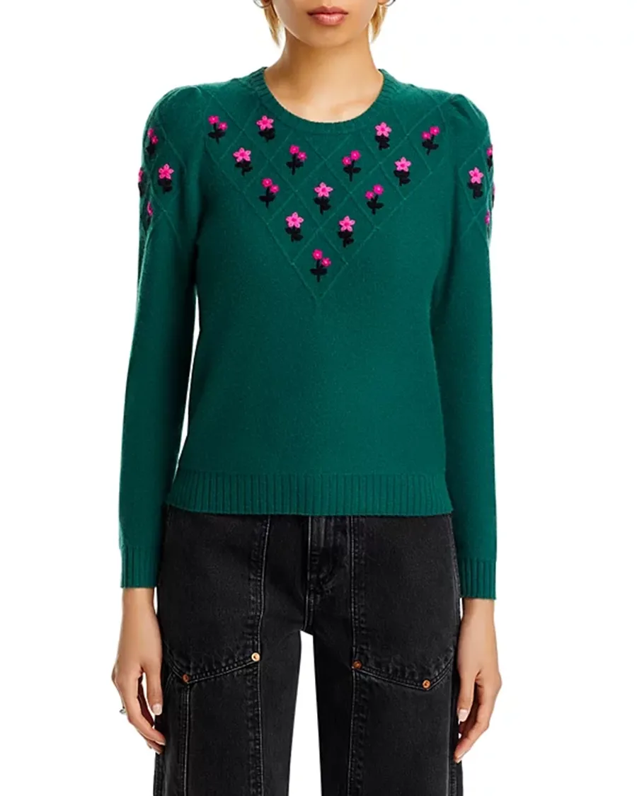 Puff Sleeve Embroidered Floral Cashmere Sweater