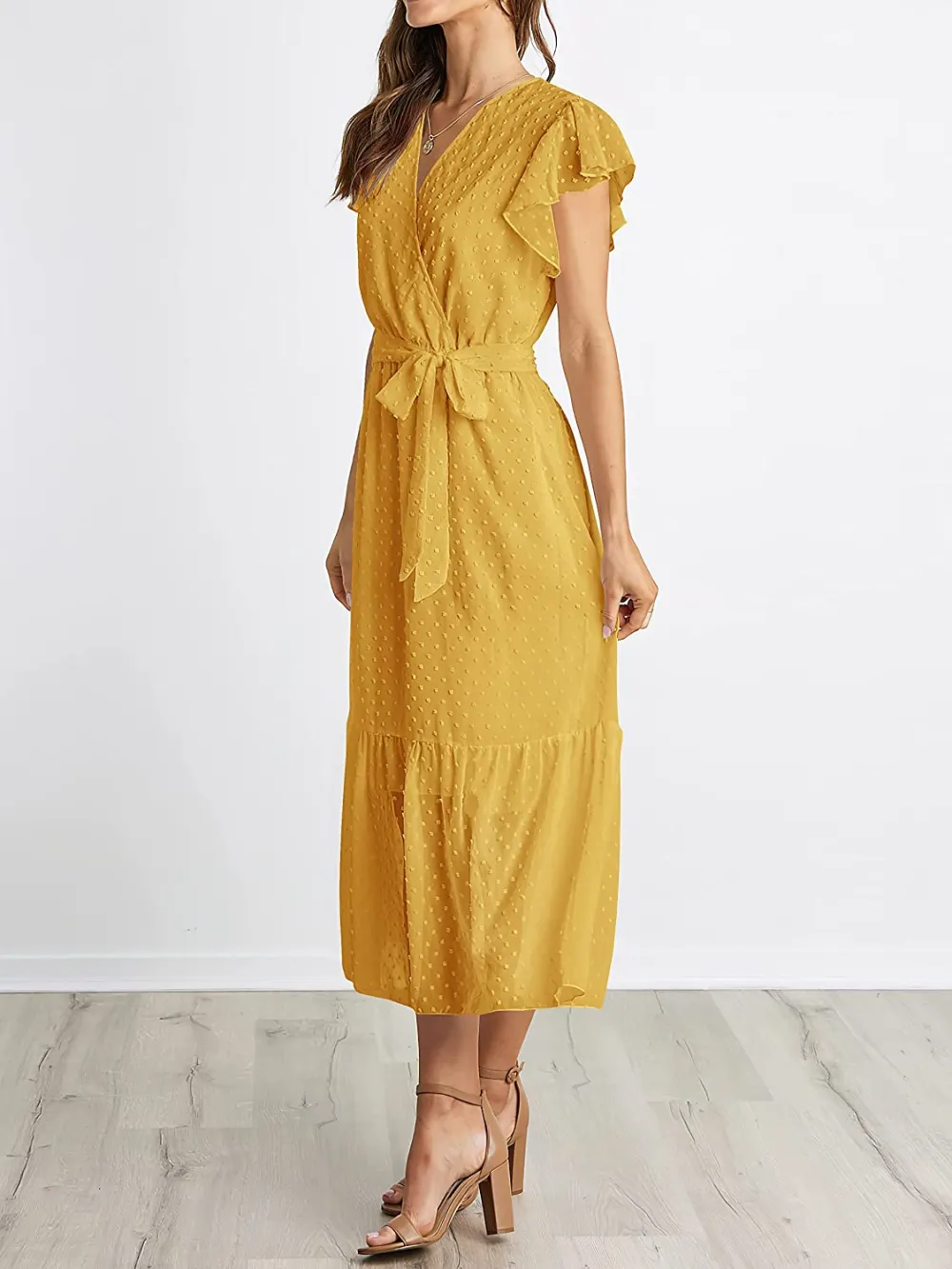 Women Summer Bohemian Floral Casual Wrap V Neck Ruffle Cap Sleeveless Belt A-Line Pleated Hem Swing Midi Sun Dress