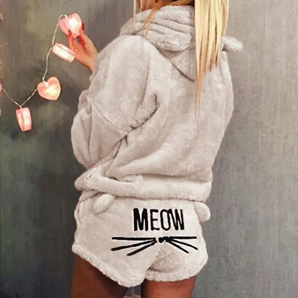 Women's Loungewear Fluffy Pajama Fuzzy Sweatsuit Sets 2 Pieces Animal Cat Warm Plush Comfort Home Street Daily Fleece Hoodie Long Sleeve Hoodie Shorts Elastic Waist Fall Winter Pink Navy Blue