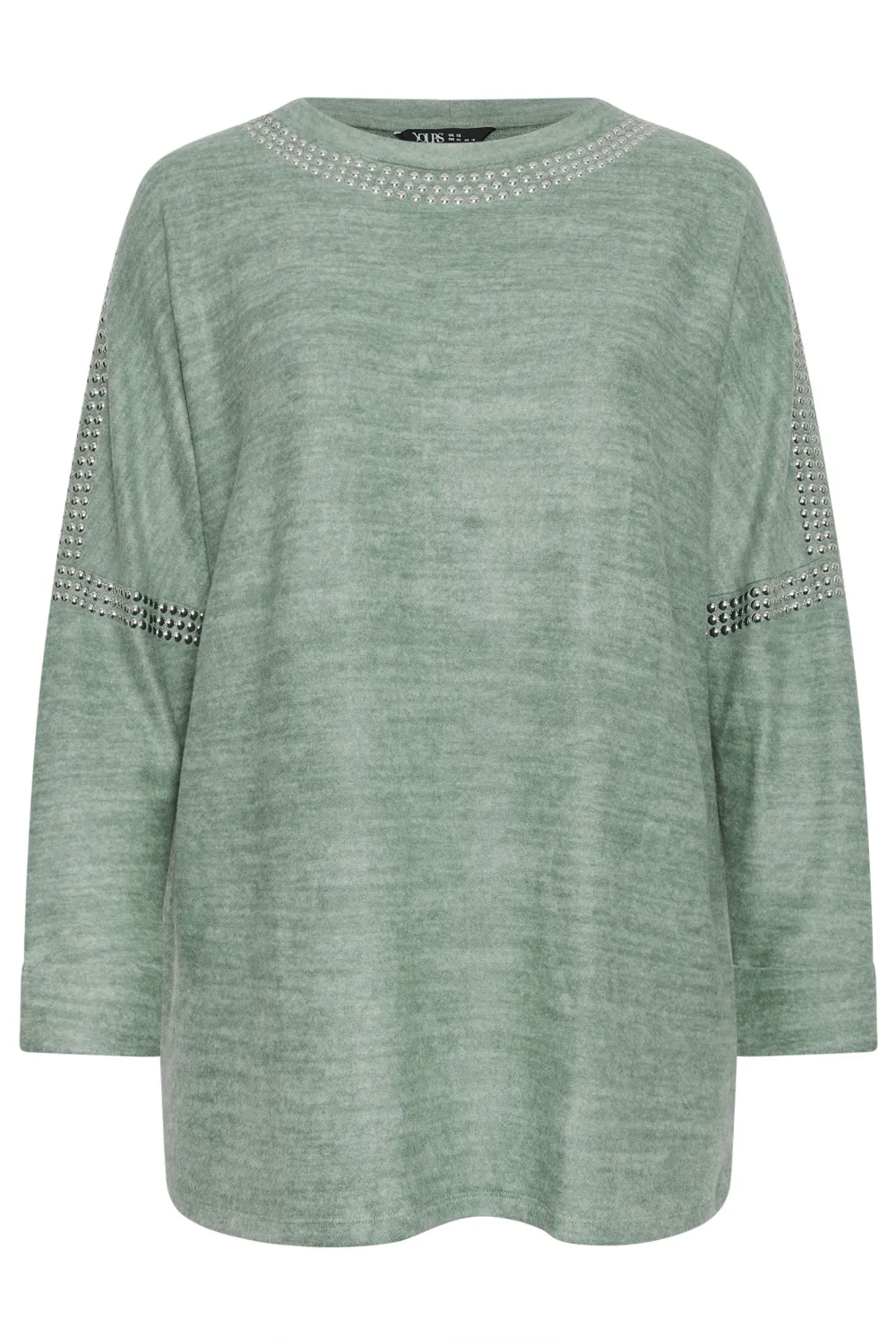 YOURS Curve Sage Green Marl Stud Neckline Embellished Jumper