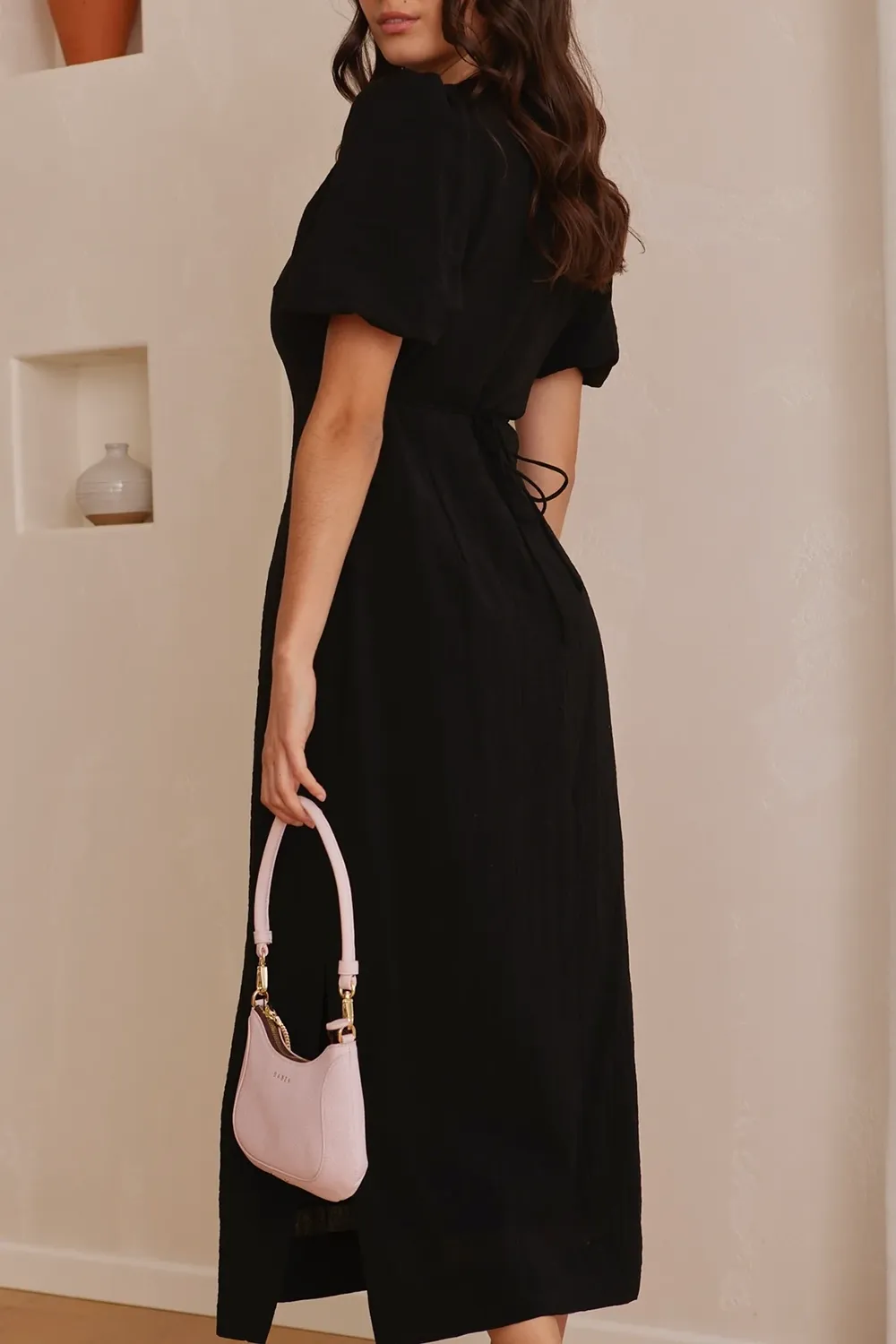 Black Puff - Sleeve Tie - Waist Maxi Dress