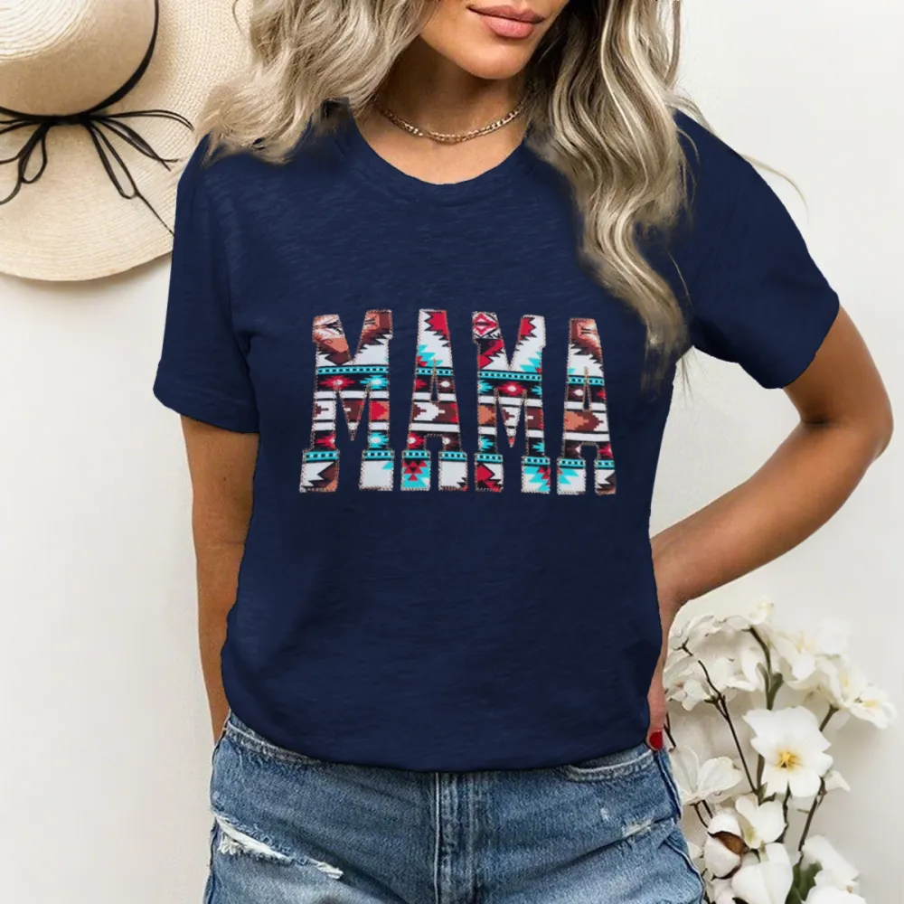 Women'S T-Shirt Cotton Alphabet Print Aztec Print T-Shirt Round Neck MAMA Short Sleeve