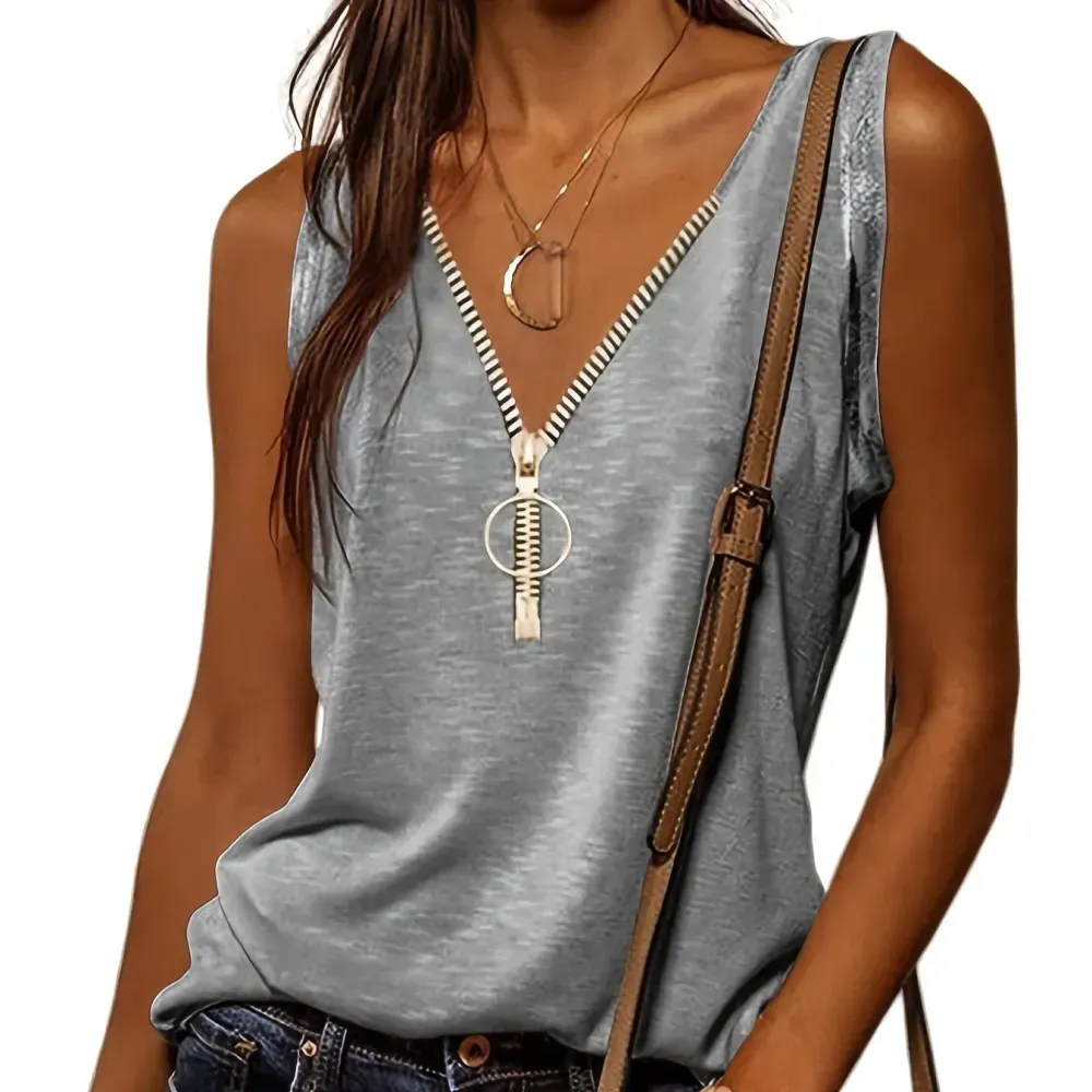 Casual V-neck Zipper Cami Top, Solid Fashion Sleeveless Loose Summer Fit Tank Top, Women's Clothing