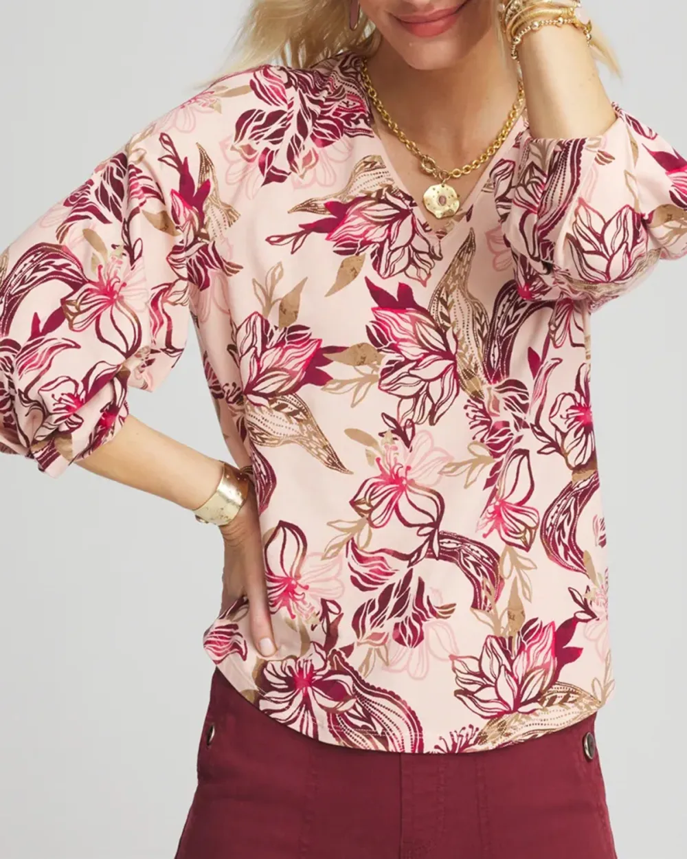 Pink Floral Puff Sleeve Blouse