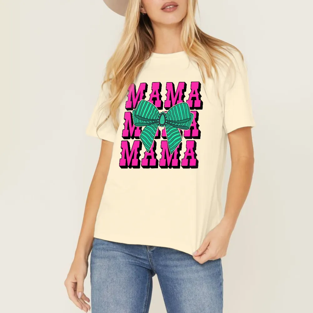 “MAMA” , The Slogan Is Repeated In Pink Capital Letters And A Green Striped Bow Pattern, Casual T-Shirt.