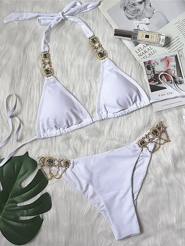 Women's Swimwear Bikini 2 Piece Normal Swimsuit Glitter Solid Color Black White Yellow Red Blue Plunge Bathing Suits Sexy Vacation Fashion