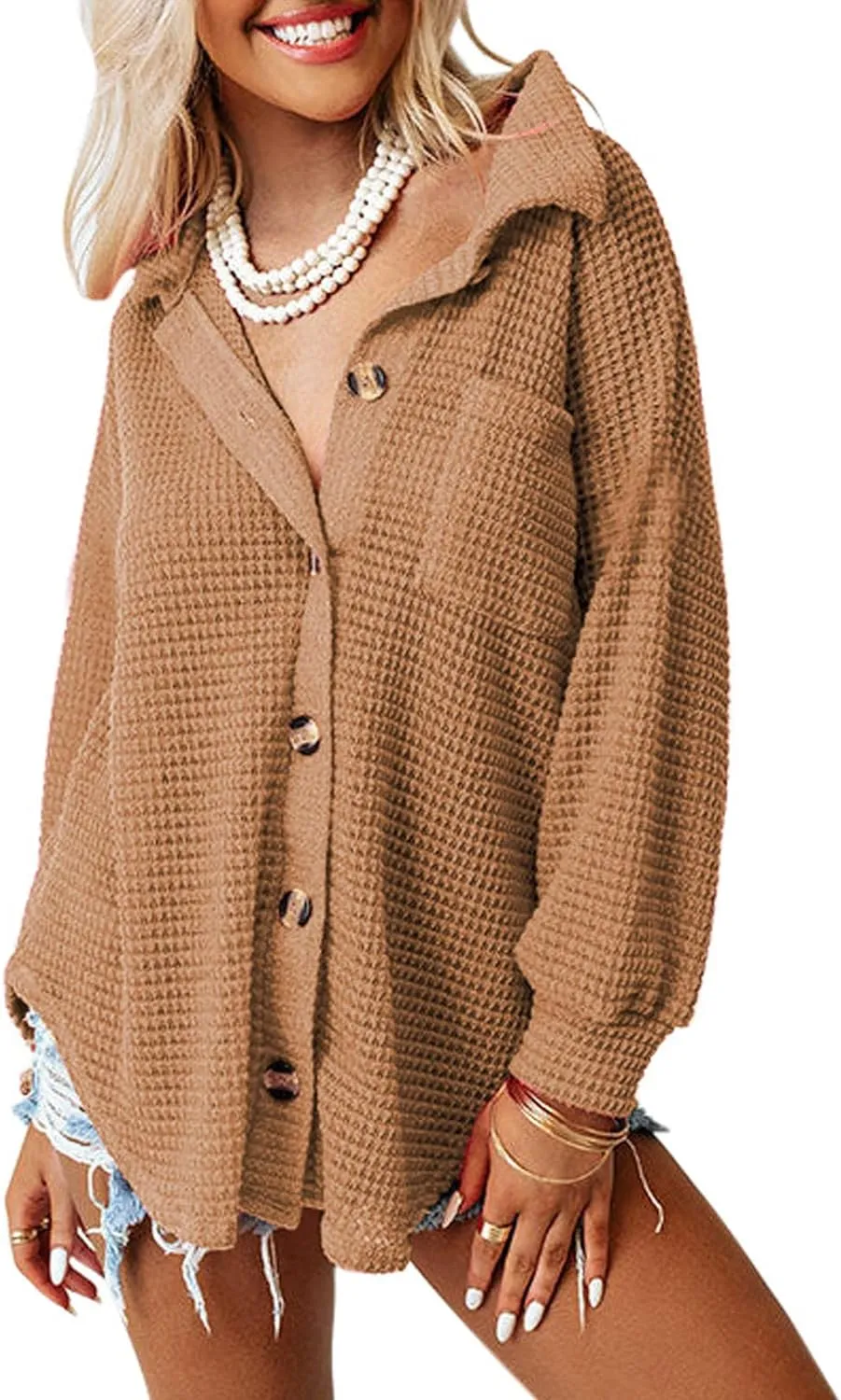 Womens Waffle Knit Button Down Shirts Casual Long Sleeve Shacket Jacket Boyfriend Tops Blouses Loose Fit