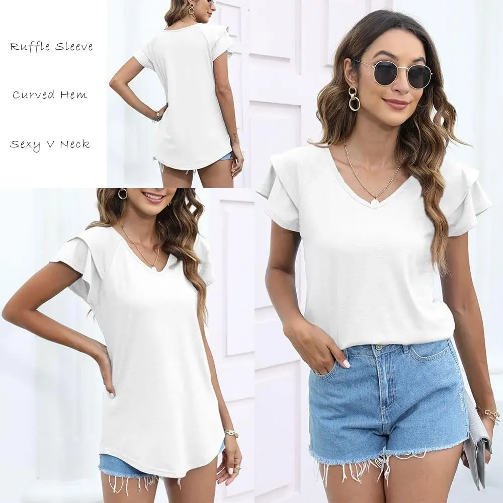 T&Twenties Womens Summer Tops Ruffle Short Sleeve Tunic Tops V Neck Loose Fit Flowy T-Shirts