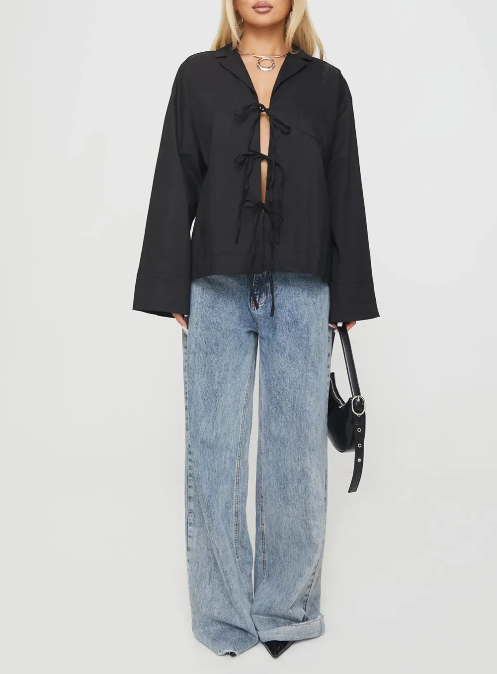 White Mandarin Collar Tie Front Shirt