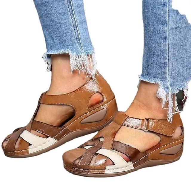 Women's Sandals Wedge Sandals Comfort Shoes Plus Size Outdoor Office Daily Summer Buckle Wedge Heel Round Toe Closed Toe Classic Casual Walking Shoes PU Leather Faux Leather Magic Tape Color Block