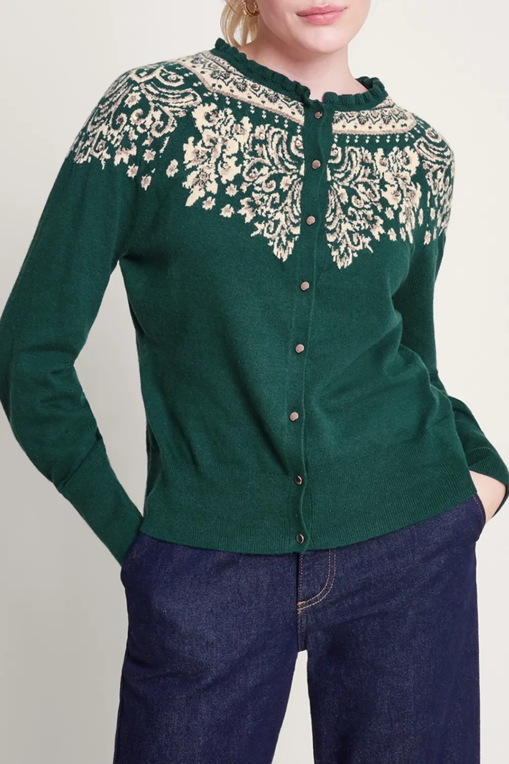 Dark Green Floral Knit Cardigan