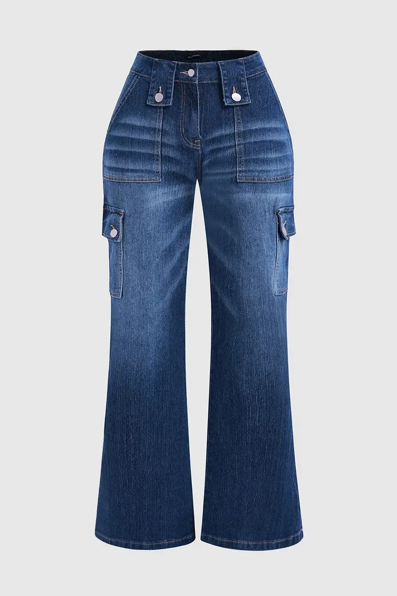 Flap Pocket Low Rise Flare Jeans Without Belt