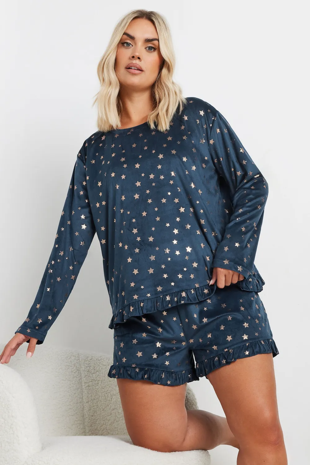 YOURS Curve Navy Blue Star Frilled Pyjama Set