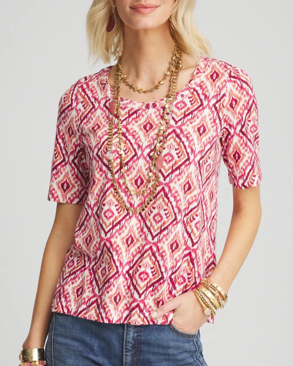 Short Sleeve Geometric Pattern Crew Neck Tee