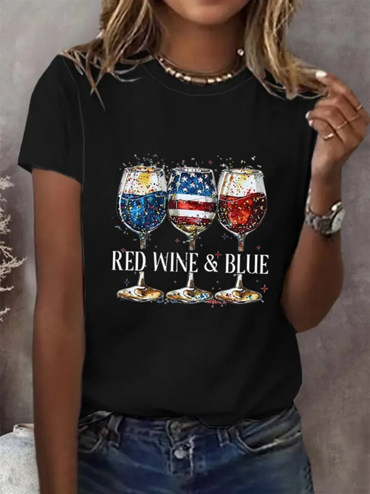 Women'S Red Wine Ang Blue Round-Neck Short-Sleeved T-Shirt