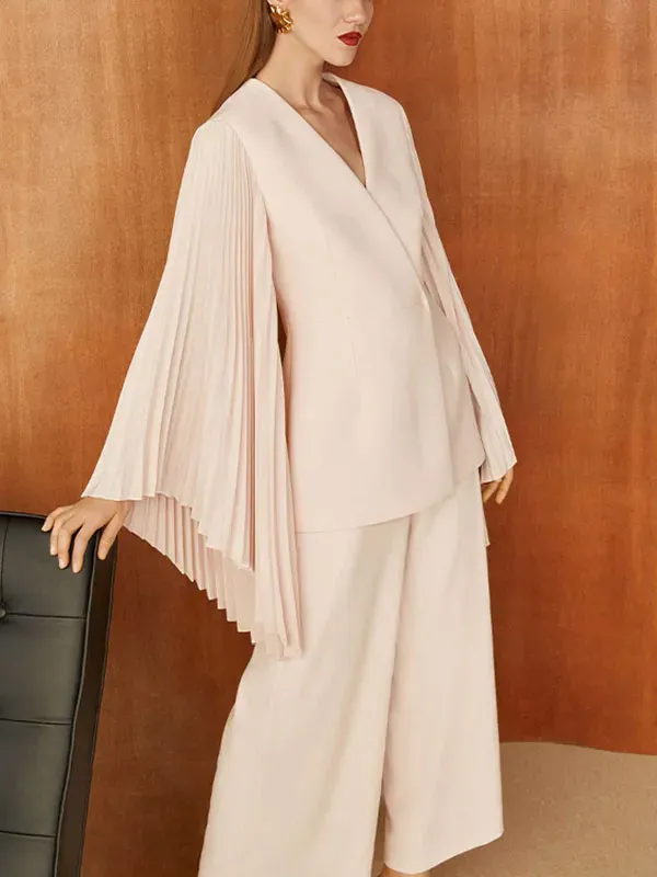 Chiffon pleated sleeve wide leg pants ladies set
