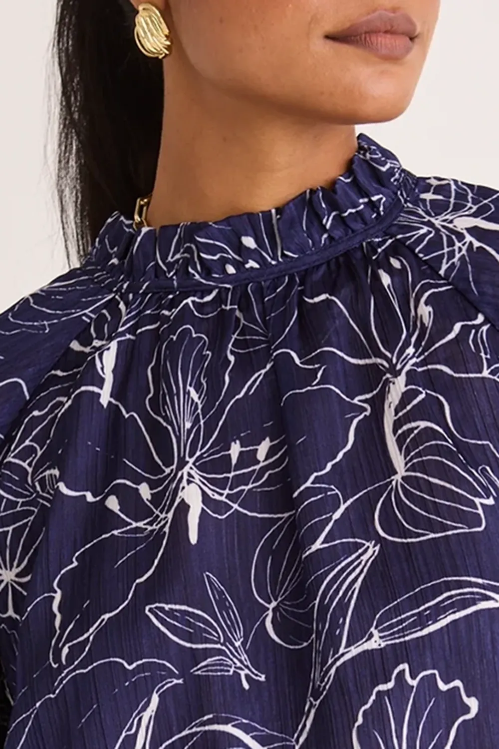 Blue Floral Print Long - Sleeve Top