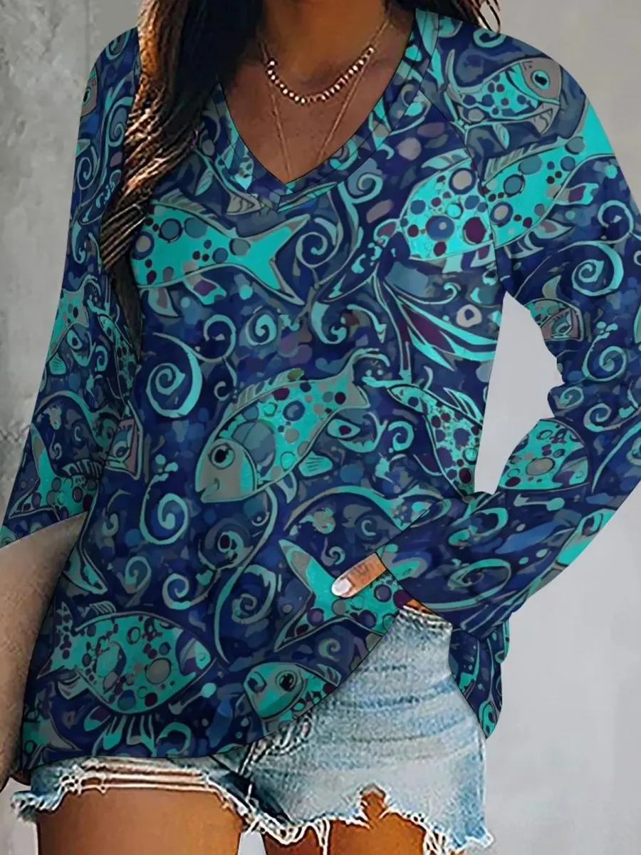 Fish Print Long Sleeve T-Shirt